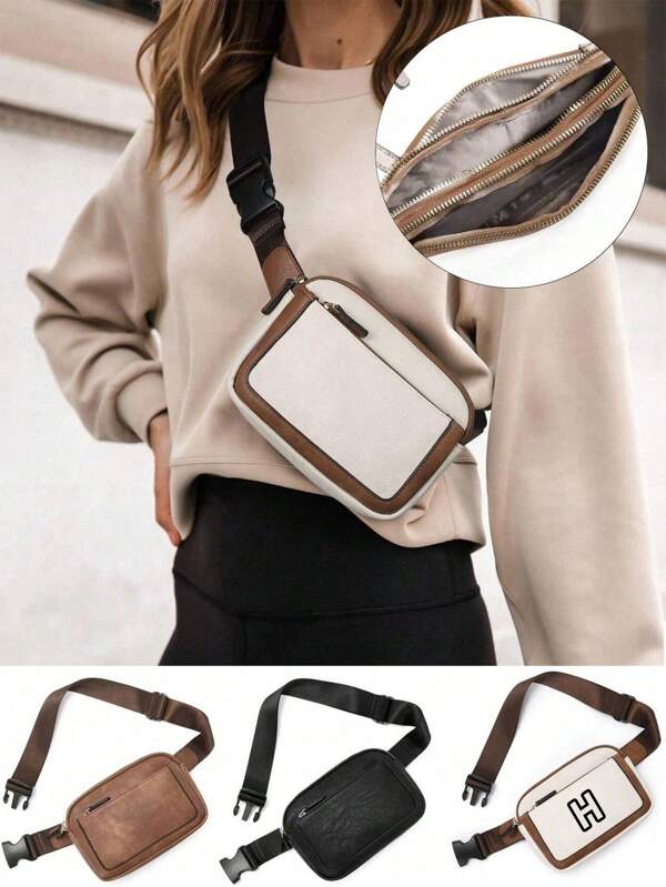 1 pieza Bolso de pecho de mujer de moda casual de cuero PU, bolso cruzado ajustable de varias capas, adecuado para mujeres en viajes y deportes