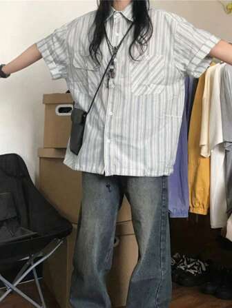 Kvinnors vintagestil japansk skoluniform formell blårandig kortärmad skjorta, sommar