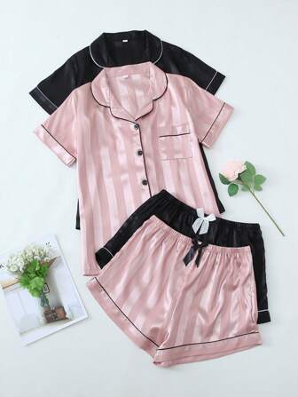 Women's Striped Jacquard Short Sleeve Shorts Pajama Set