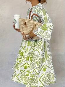 1pc Paisley Print Patchwork Bohemian Woven Dress With Buttons, For All Seasons - Green - View 3