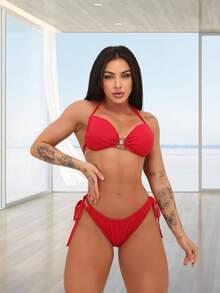 2-Piece Bikini Set With Padded Bra And Tie-Dye Panties - Rojo - Ver 2