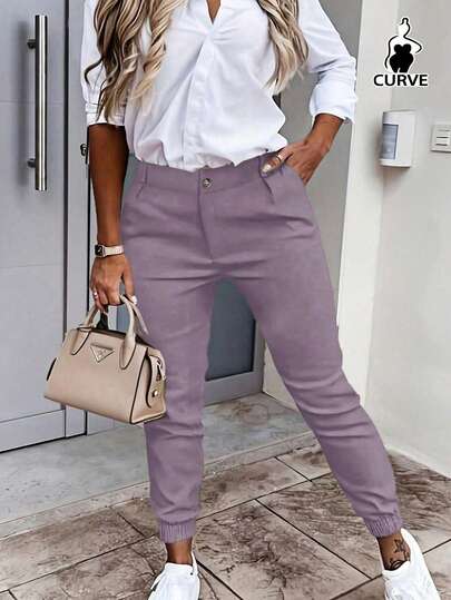 大码女式休闲时尚日常舒适通勤度假街头薄款修身纯色裤子