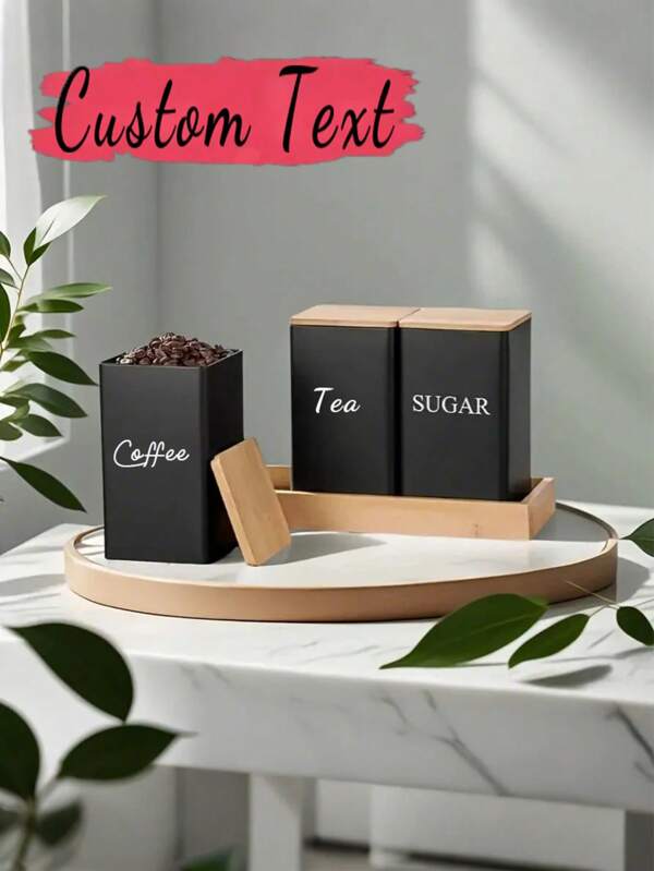 1/3pcs- Coffee, Sugar, And Tea Sealed Storage Cans, Bamboo Lid Tin Boxes, Personalized Iron Lid Tin Square Tea Cans, Kitchen Set Cans, Kitchen Storage Utensils, 3 Piecesset Combination With Trays