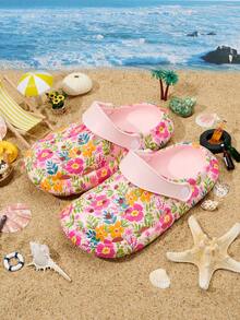 1 Pair Kids Pink Floral Dinosaur Print Anti-Slip Flat Casual Comfortable Lightweight EVA Beach Sandals, Suitable For Summer