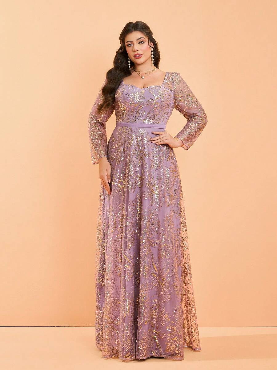 Plus Size Mgiacy Sweetheart Neck Haftowane Cekiny Koraliki Długi Rękaw A-Line Formalna Suknia Wieczorowa, Sukienka Imprezowa, Dla Gości Weselnych - Wrzosowy - Zobacz 1