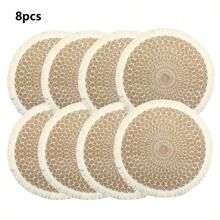 4/6/8 runde Tischsets mit Quaste, Wärmeisolierung, Party-Dekor, Tisch-Akzent im Restaurant, bedrucktes Wellenmuster, Boho-Stil, Jute-Material, waschbar, für alle Jahreszeiten geeignet, schützt Tischplatte, Besteck, Getränke, Desserts, Zuhause, Hochzeit, Restaurant-Dekoration.