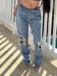 Women's Casual Distressed Straight Leg Jeans - Blue - View 3