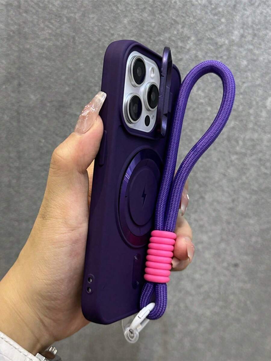 1 pieza Funda de teléfono magnética de lujo con correa de cordón corta y soporte para cámara compatible con iPhone 17 AIR 16 15 14 13 12 11 Pro Max Plus, cubierta trasera de silicona suave - Morado - Ver 1