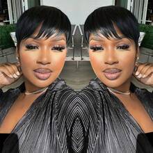 1 Pc Straight Short Pixie Cut Human Hair Wigs For Women Brazilian Remy Hair 4 Inch Layered Machine Made Wigs With Bangs Black Color Pixie Cut Wig For Daily Use 150% Density - Natural Black - View 4