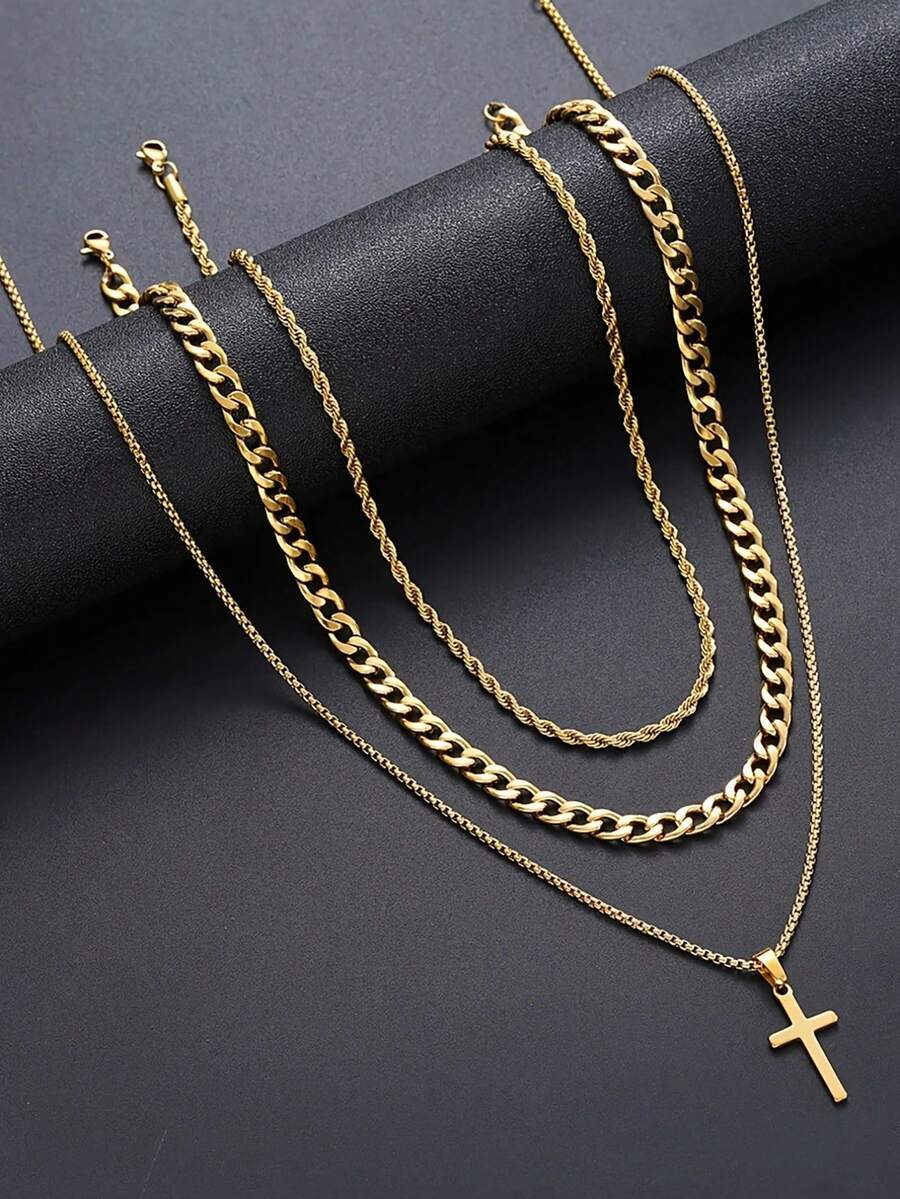 3pcs Hollow Cross Chain Necklace With Twisted Rope Chain, Best Gift For Friends, Fashionable For Daily And Vacation Wear - Gold - View 1