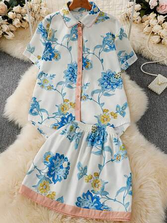 女士秋季服装，随机花卉印花短袖衬衫，裙装套装，波西米亚风格宽松度假两件套西装