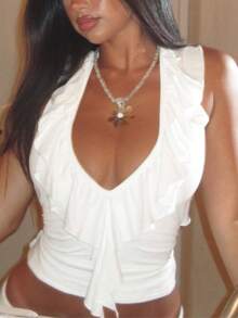 Women's Summer Solid Color Top With Tie-Neck & Ruffle Hem, Backless - White - View 3