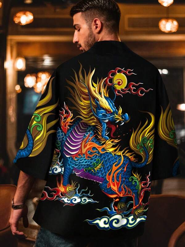 Kimono haori di stile giapponese alla moda con stampa floreale e a drago, cardigan primaverile/estivo, giacca casual, leggera e svasata, unisex, adatta per cosplay, fan di anime, spiaggia, festival, esibizione