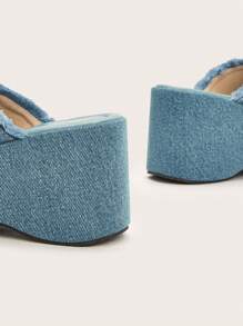 Soft Pale Blue Washed Denim Peep Toe Cross Strap Chunky Platforms, Premium Soft Leather Insole, Slip Resistant Sole, Comfort Fit Thick Sole Wedge Sandals, Versatile Classic Fashion