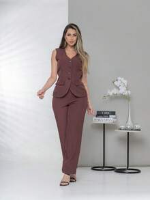 Plain Elegant Vest And Dress Pants Set C3302 - 酒紅色 - 查看 3