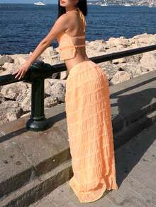 Chiffon Multi-Layer Ruffle Lace Trim Backless Camisole Maxi Dress Set, Romantic Elegant 2-Piece, Suitable For Christmas, Party, Gothic, Wedding And Other Occasions - Light Orange - View 3