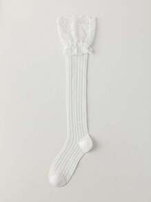 1 par de medias altas elegantes de tela de punto, medias transparentes con encaje sobre la rodilla para mujeres, adecuadas para botas, medias altas de compresión de media pierna con rayas verticales de tejido de punto