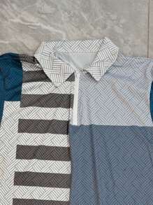 1 Set Men's Sports Casual Suit, Jacquard Splice Print Polo Shirt And Knee Length Shorts Outfit, Summer