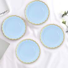 10pcs/20pcs/40pcs/Set,Light Blue Paper Scalloped Plates With Gold Foil9 Inch 7 Inch Disposable Blue Scalloped Dinner Plates For Wedding Shower Birthday Party Dessert Plate - Blue - View 4