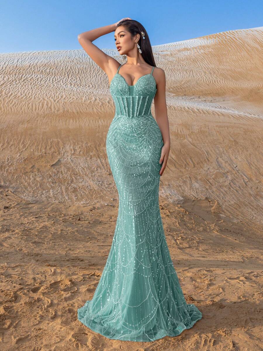 Faeriesty Haute Glamour Elegant Spaghetti Straps Beaded Sequin Mermaid Evening Gown Elegant Formal Dress For Spring Summer Fall - Red Carpet, Wedding Reception, Gala, Black Tie Event, Celebrity Party - màu xanh lá - Xem 1