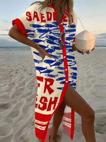 Vestido casual de primavera/verano para mujer, vestido camisa de estampado floral romántico y patchwork, adecuado para vacaciones en la playa