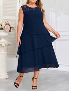 Robe élégante en mousseline de soie et dentelle à encolure ronde sans manches, coupe grande taille - Bleu marine - Voir 4