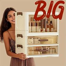 CASEGRACE 1pc Foldable Cosmetic Storage Cabinet - Large-Capacity Transparent File Storage Box, Large Drawer Unit, Suitable For Storing Cosmetics, Skincare Products, Documents, And Books