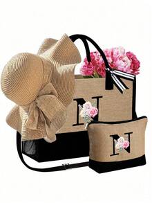 3件套女士沙滩手提包，配有肩带、沙滩帽和化妆包，个性化沙滩配件包，带侧袋，字母A-Z - 卡其色 - 查看 17