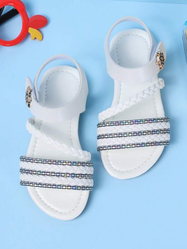1 Pair Summer Girls Woven Sandals, Casual Fashion Versatile, Flat Beach Strap Princess Shoes, Very Soft Material, Suitable For Daily, Vacation, Travel