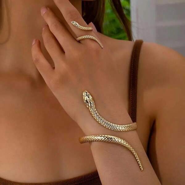 2pcs Retro Dark Boho Snake Ring And Bracelet Set, Women Fashion Jewelry, Iron Metal Body, No Plating, No Stones, For Daily And Party Wear, All Season Accessory