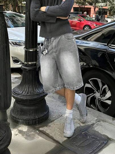 Men's Loose Fit Wide Leg Casual Denim Bermuda Shorts Jorts, Emo Style