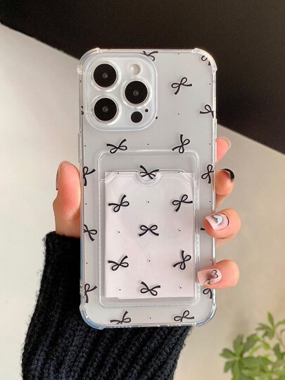 Bow Embellished Perforated Card Holder Phone Case, Shockproof, Compatible With IPhone 16 Pro Max/11/12/13/14 Plus/15 Pro Waterproof Anti-Fall Scratch Resistant