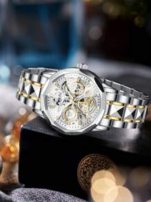 Men's Sport Watch - Official Authorized By POSHI Multifunctional Chronograph With 30M Waterproof & Luminous Nightlight, Stainless Steel Band, 2-Year Warranty For Business, Gym & Casual (2 Colors)