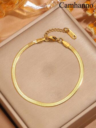 Camhanno 1 件简约休闲时尚不锈钢圆蛇扁蛇手链适合日常佩戴，情侣礼物