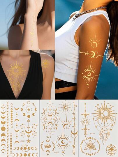 3 Sheet Gold Foil Bracelet & Moon Pattern Temporary Tattoo Sticker For Body Art Decoration Very Suitaboe For Girls