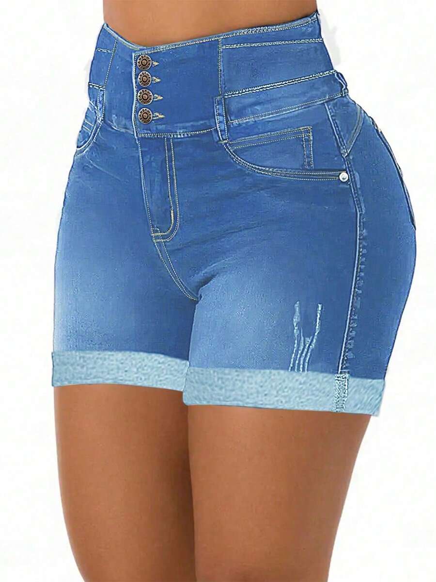 Women's Elastic Single Breasted Pocket Denim Shorts - Light Wash - View 1