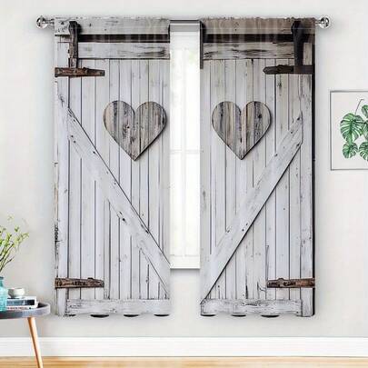 2pcs Vintage Wood Grain, Black Hardware Rustic Barn Door Print Christmas Window Curtains, Modern Minimalist Style, 100% Polyester, Bedroom Decor, Home Christmas Decoration, Bedroom, Room, Living Room Christmas Decor Curtains