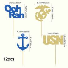 12/24 件军事主题纸杯蛋糕装饰蓝色闪光 Ooh Rah 纸杯蛋糕装饰海军主题纸杯蛋糕装饰欢迎仪式军队生日派对蛋糕装饰用品 - 彩色 - 查看 3