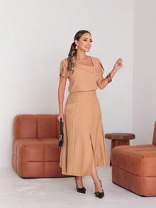 Skirt And Blouse Set In Twill Viscose Short Sleeve Blouse With Boat Neckline Midi Skirt With Flared Model With Pockets And Front Slit - 卡其色 - 查看 8