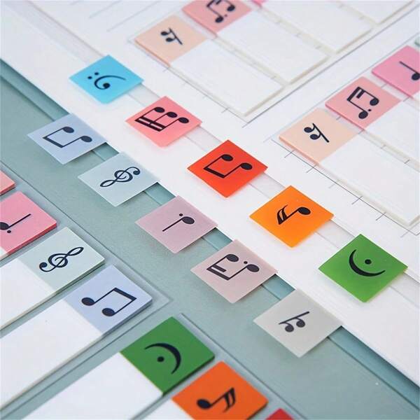 20 piezas Etiquetas adhesivas transparentes con patrón de notas musicales de colores, Marcadores de índice de clasificación, Suministros de oficina