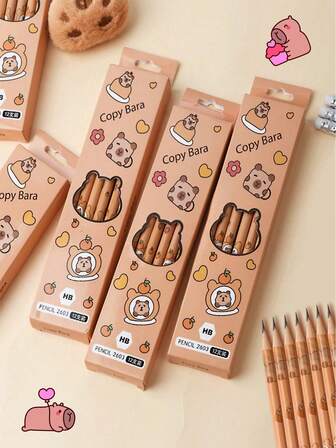 3件/12件/36件水豚铅笔套装，可爱水豚图案，创意学生文具绘图铅笔，1盒12支，办公用品，学校用品，适合家庭、朋友、同事、生日、派对礼物