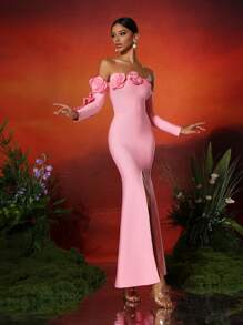 Love Aing Vestido de cóctel con espalda descubierta, manga larga, abertura lateral y aplicación floral 3D hecha a mano para mujer Love Aning, elegante para baile de graduación, gala, boda semi-formal, adecuado para cumpleaños, graduación, cena, regreso a casa, vestido de noche