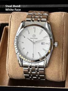 Pablo Raez 1pc Men's Watch Famous Brand New Luxury IPS Silver Plated Stainless Steel Case 50M Water Resistant Simple Calendar Clock Men's Solid Steel Metal Bracelet Heavy Chain Casual Fashion Quartz Watch For Man Arabic Numeral & Steel Bar Scales Black White Dial With Date High Level AAA Business Wristwatch For Daily Use Gift For Father Or Male Friend Birthday Presents - Black - View 16