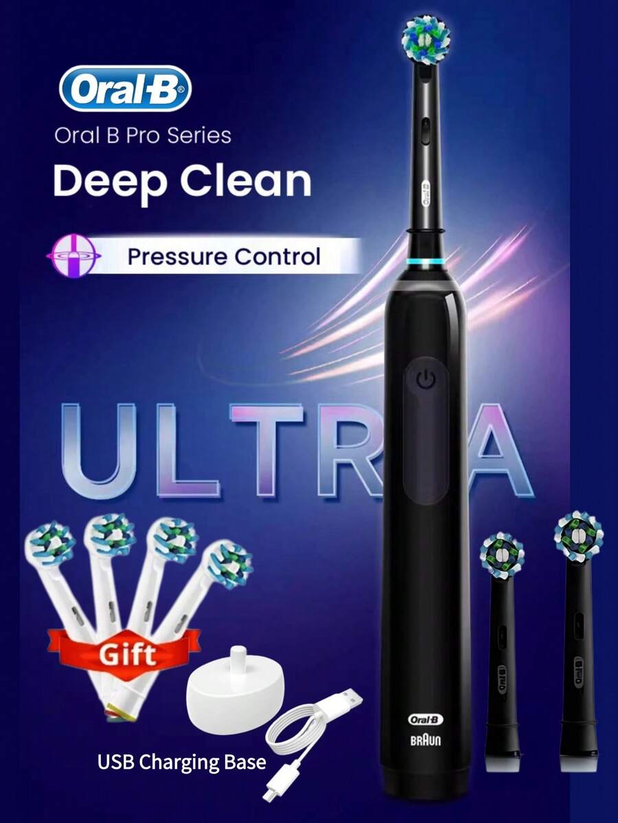 Oral-B Pro Ultra 电动牙刷 Pro 4，压力传感器，每分钟 48,800 次振动，2 分钟计时器，30 秒提醒，4 种模式，3 个刷头