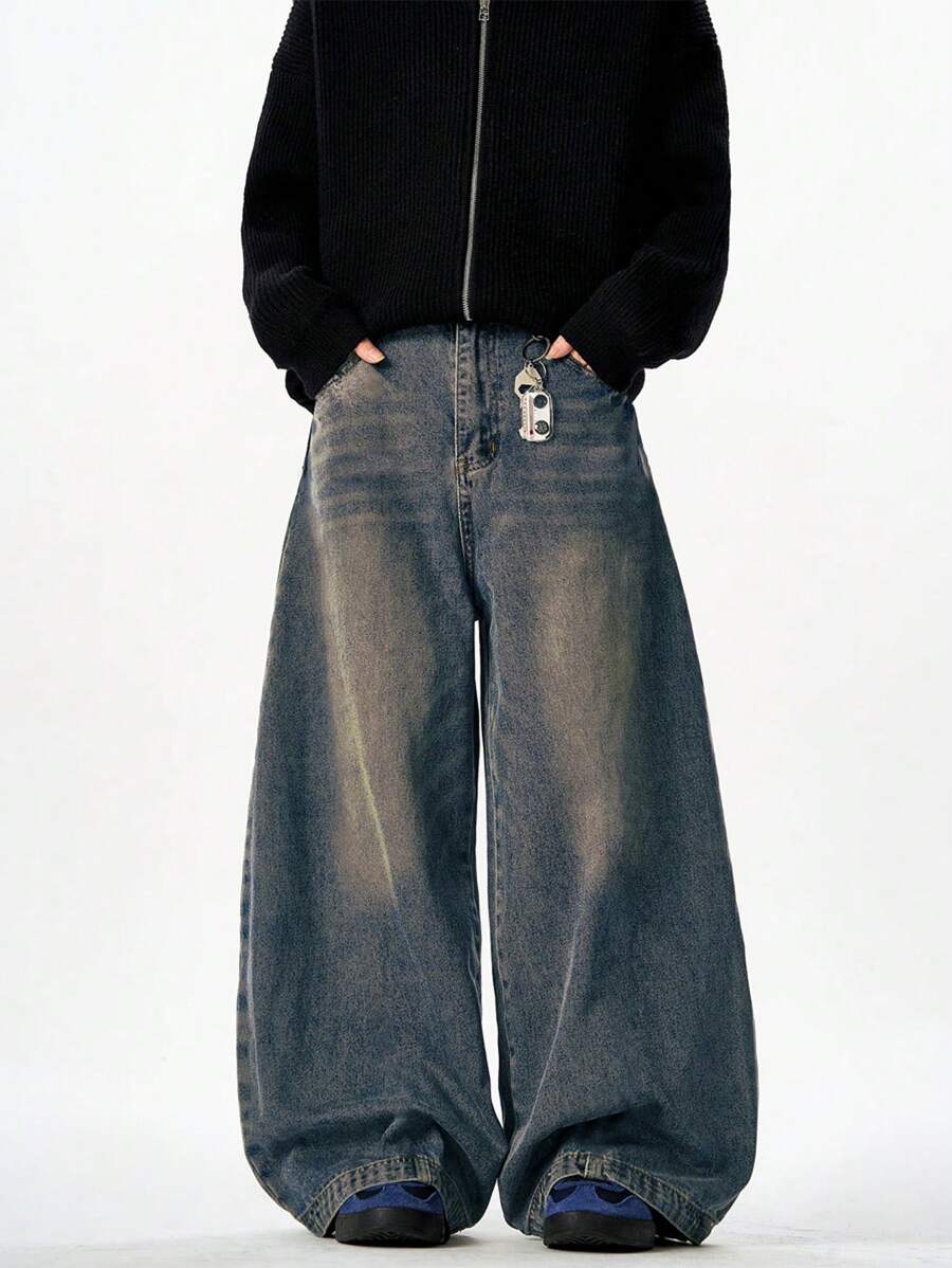 1 pieza Pantalones vaqueros anchos y holgados para hombre con efecto desgastado y lavado vintage, estilo casual y de moda estadounidense