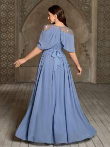 Women's Elegant Long Dress With Shoulder Mesh Patchwork, Beaded, Pleated, Waist Belt Decor, Solid Color