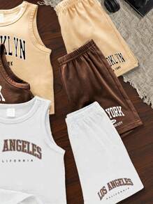 Set da 6 pezzi per neonato maschio, vestiti casual estivi con maglietta a girocollo e pantaloncini con stampa delle città Los Angeles, New York e Brooklyn