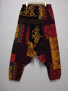 Men's Printed Harem Pants, Breathable Loose Crotch Design, Ankle-Tied Casual Jogger Yoga Pants