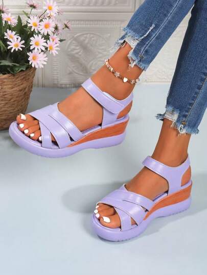 Women's Elegant Platform Sandals, Ankle Strap Comfortable Walking Shoes, Wedge Heel Beach Shoes, Solid Color Casual All-Season Criss-Cross