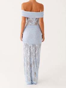 Vestido largo de noche para mujer, manga corta, hombros descubiertos, sin tirantes, anudado, ajustado, de encaje. - Azul - Ver 9